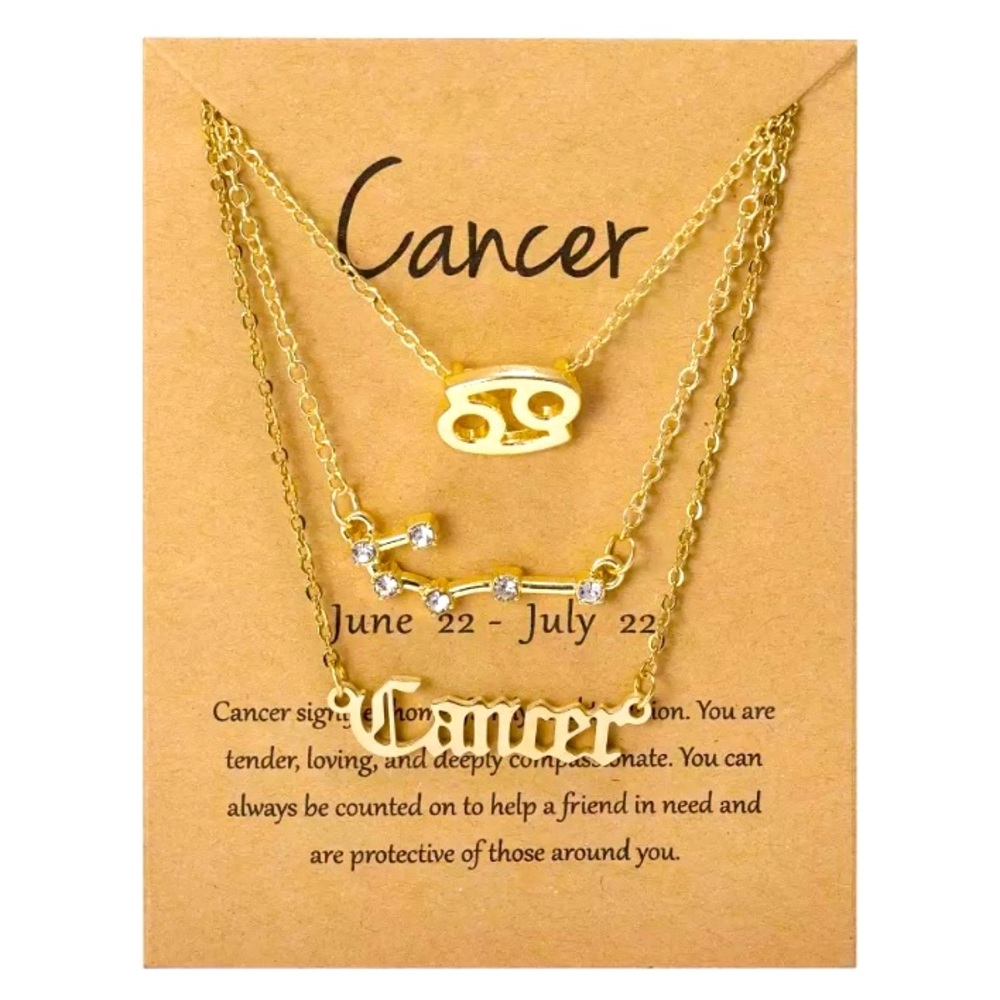 3 piece zodiac Cancer link chain layered necklace set gold